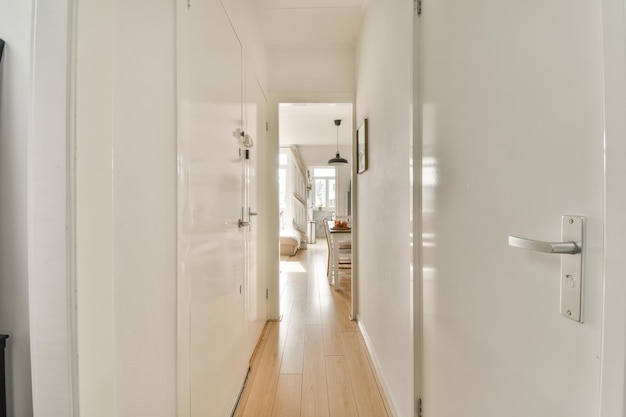 Pasillo blanco en apartamento moderno con suelo de parquet