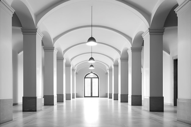 Pasillo blanco con arcos y lámparas de techo