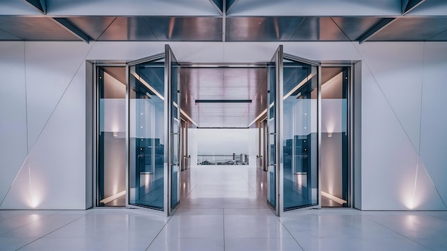 Pasillo blanco con puertas de vidrio y techo de metal en un edificio moderno