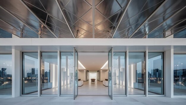 Pasillo blanco con puertas de vidrio y techo de metal en un edificio moderno