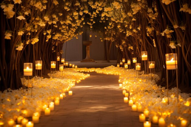 El pasillo de la boda brilla con luz entre las flores