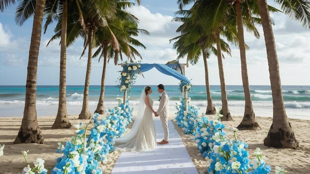 Pasillo de bodas azul y blanco en una playa rodeada de palmeras con el mar en el fondo