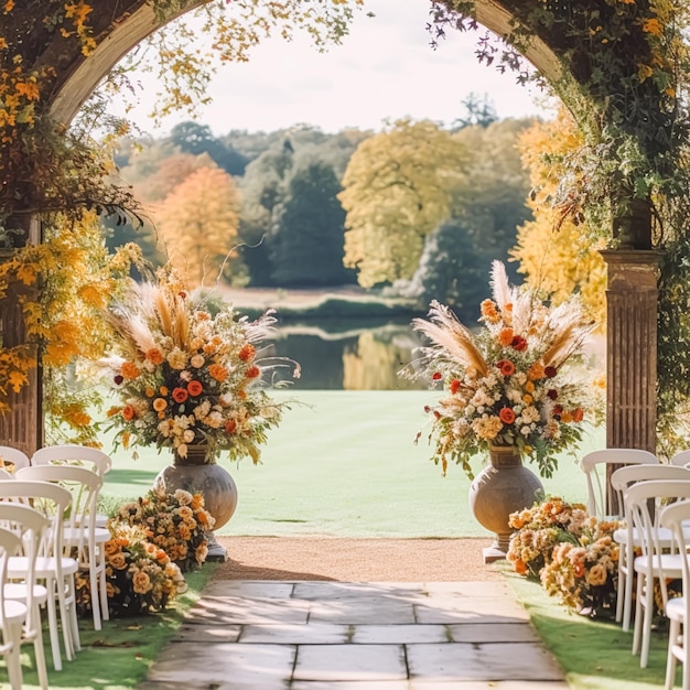 Pasillo de bodas decoración floral y ceremonia de matrimonio flores otoñales y decoración en el jardín de la campiña inglesa idea de estilo campestre de otoño