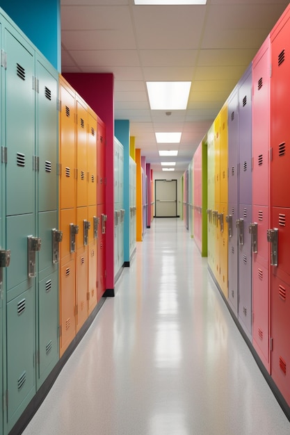 Foto un pasillo con casilleros coloridos y una puerta blanca que dice 'escuela de colores'