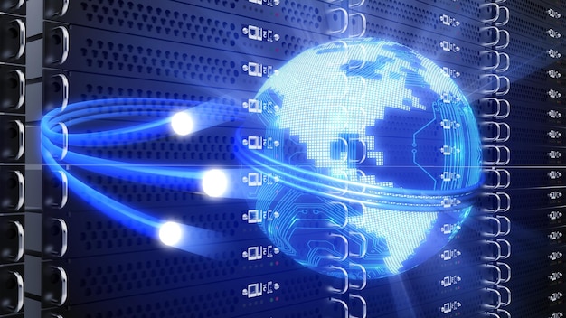 Pasillo en el centro de datos en funcionamiento lleno de servidores en rack y supercomputadoras.