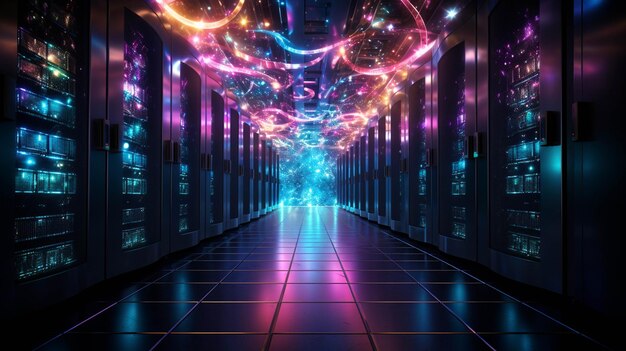 Foto el pasillo del centro de datos con luces y rayas coloridas