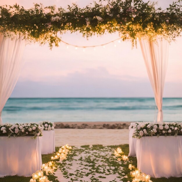 el pasillo de la ceremonia de la boda en un arco tropical en la playa rodeado