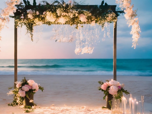 el pasillo de la ceremonia de la boda en un arco tropical en la playa rodeado