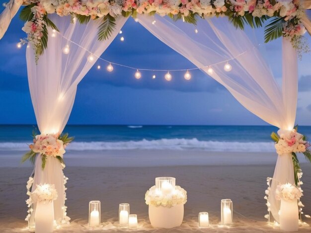 el pasillo de la ceremonia de la boda en un arco tropical en la playa rodeado