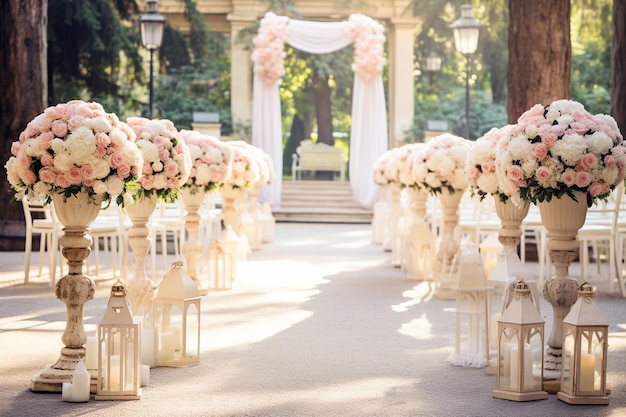 Pasillo de la ceremonia de bodas alineado con arreglos florales y velas en linternas