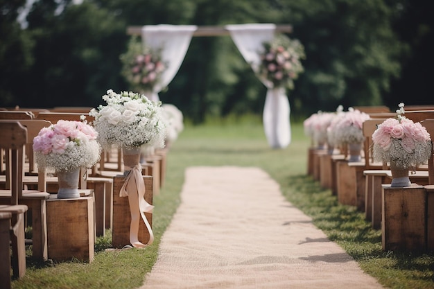 Pasillo de la ceremonia de bodas alineado con arreglos florales y velas en linternas