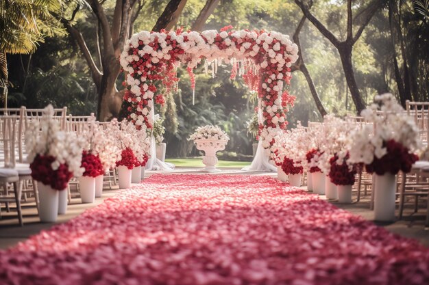 Foto pasillo de la ceremonia de bodas alineado con arreglos florales y velas en linternas