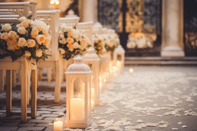 Pasillo de la ceremonia de bodas alineado con arreglos florales y velas en linternas