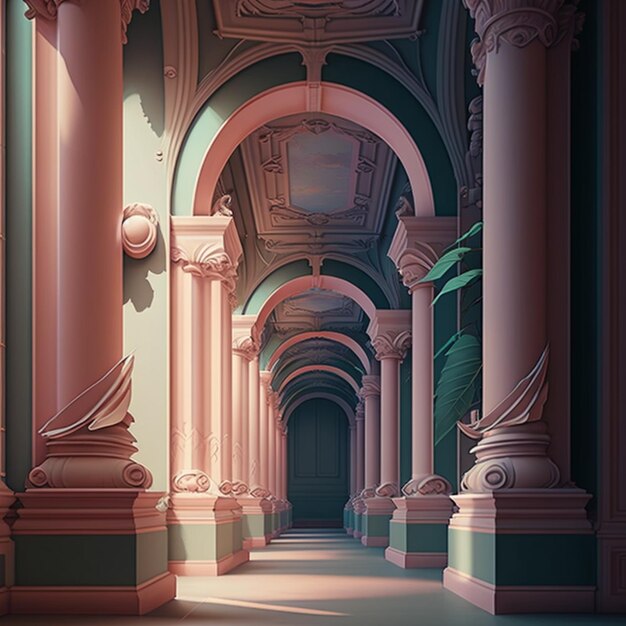 Un pasillo con columnas y una luz en él