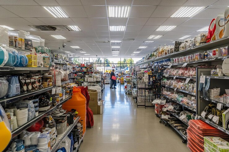 Pasillo comercial lleno de varios artículos para el hogar en una tienda minorista IA generativa