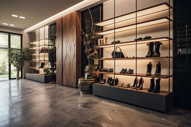 El pasillo contemporáneo cuenta con un diseño interior moderno con un soporte para exhibir zapatos.
