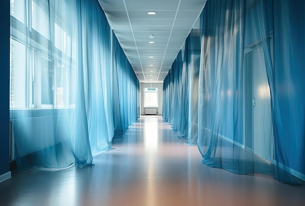 un pasillo con una cortina azul al estilo de lentes de cambio de inclinación