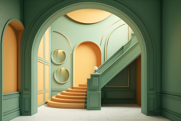 Un pasillo con una escalera en la habitación verde amarillo