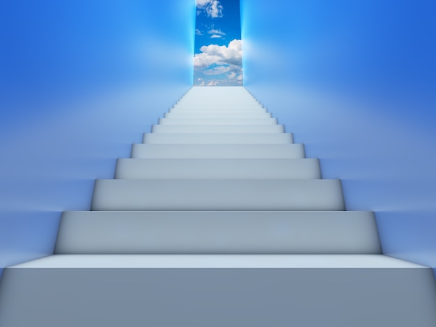 Un pasillo con escalera que conduce al cielo con nubes. Render 3D.