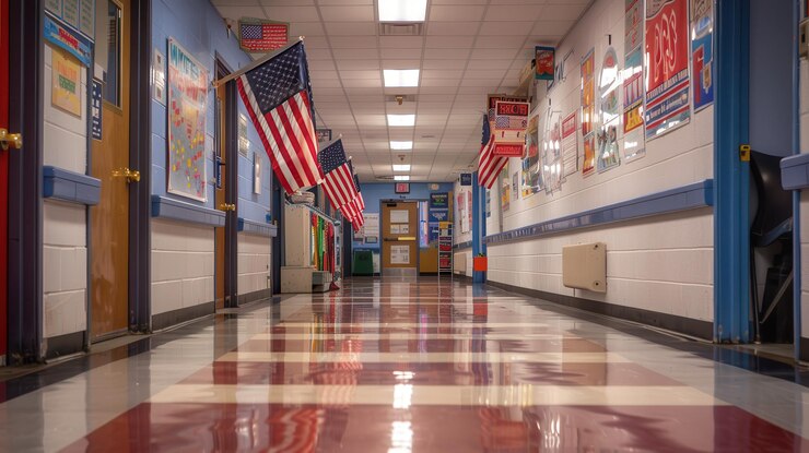 Pasillo de la escuela con banderas estadounidenses