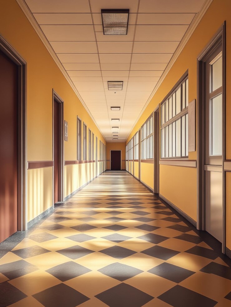 El pasillo de la escuela limpio y vacío