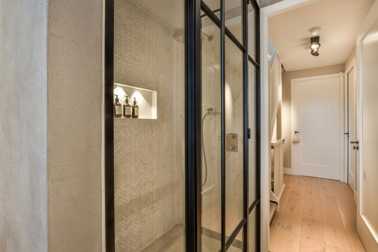 Pasillo estrecho con puertas y cabina de ducha