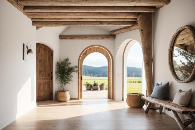 pasillo de la granja interior de la casa del vestíbulo de entrada con techo y puerta de vigas de madera