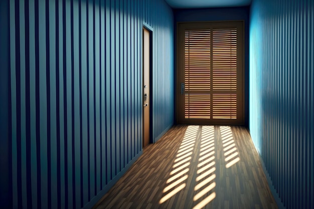 Pasillo de hospital azul vacío sombreado contra el fondo de la pared con listones de madera