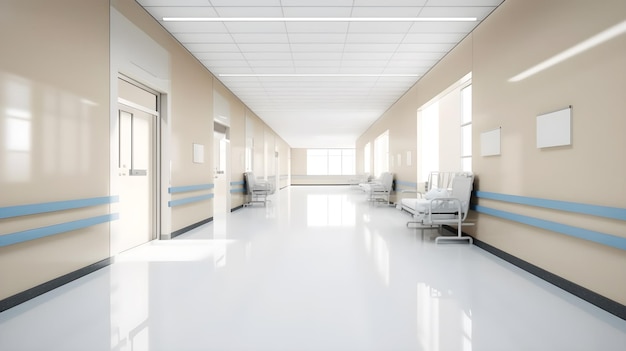 Un pasillo de hospital con piso blanco y una franja azul en la pared.