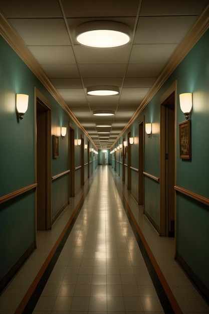 Pasillo de hospital vacío con iluminación brillante creada con ai generativa