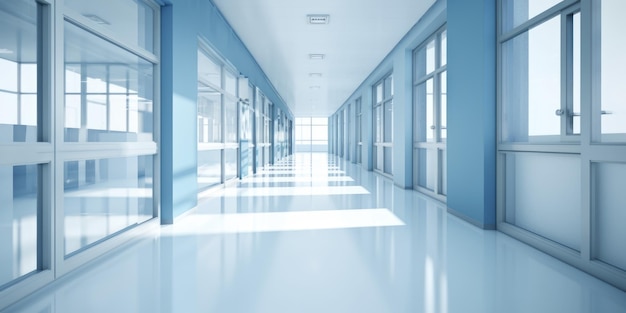 Pasillo del hospital con ventanas y paredes azules al estilo de bokeh gris claro bauhaus blanco claro habilidoso Imagen generativa de IA weber