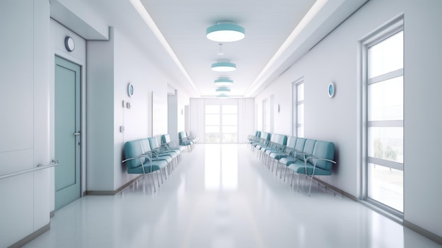 Pasillo del hospital con ventanas y sillas blancas al estilo bokeh gris claro bauhaus blanco claro hábil Imagen generativa de IA weber