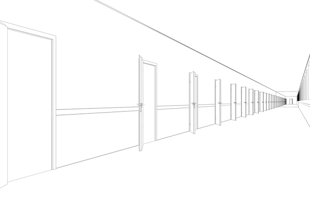 Pasillo largo con visualización de contorno de puertas esquema de boceto de ilustración 3D