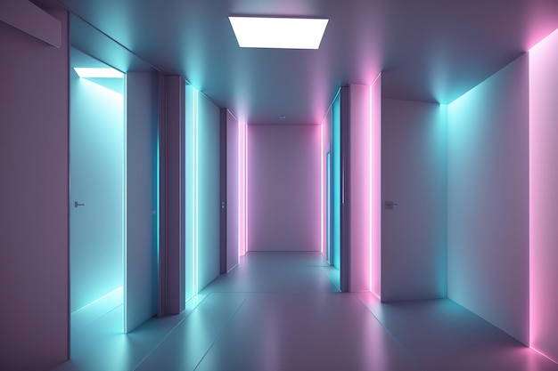 Un pasillo con luces de neón y una puerta que dice "neón"