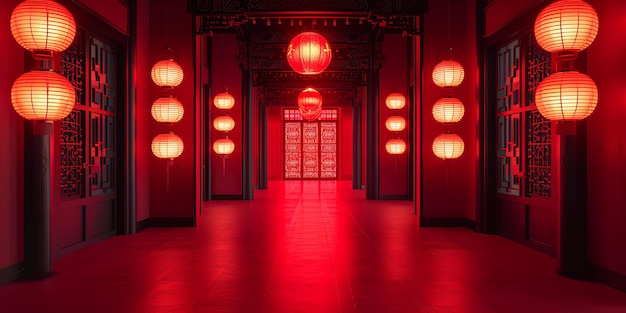 Un pasillo con luces rojas y linternas colgando del techo y una puerta roja con una luz roja en