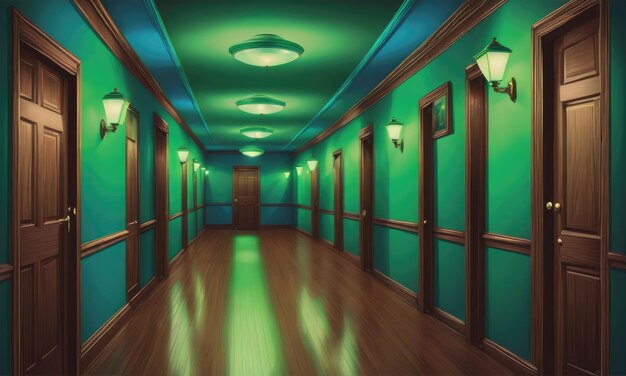 Foto un pasillo con luces verdes y una luz azul en el techo