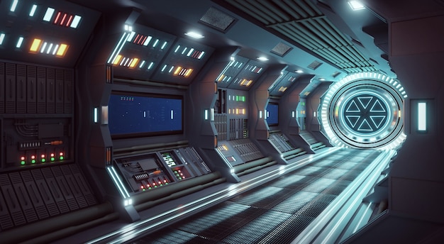 Pasillo nave espacial interior concepto de ciencia ficción representación 3d