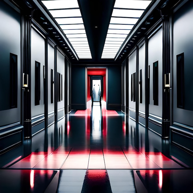 un pasillo negro y rojo con una puerta roja y una puerta rojo.