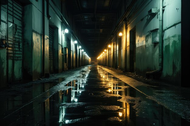 El pasillo oscuro del callejón sucio en un viejo edificio en desuso