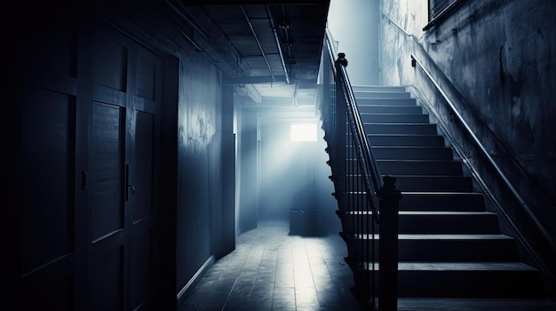 Un pasillo oscuro con escaleras que conducen a la parte superior de las escaleras.