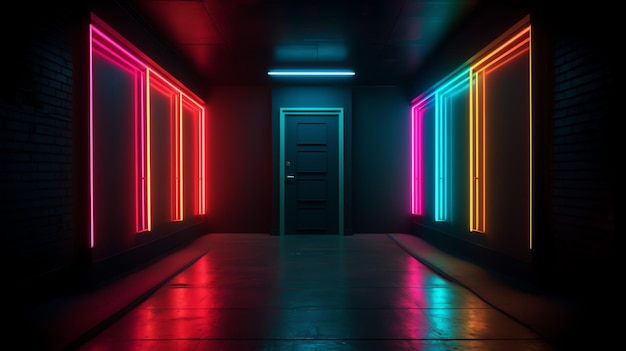 Un pasillo oscuro con luces de neón y una puerta que dice 'la puerta'