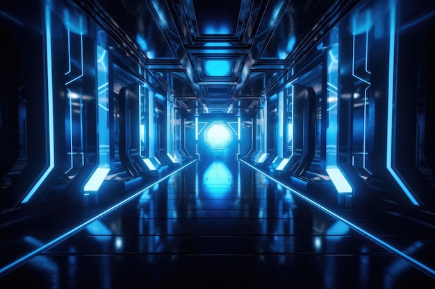 Un pasillo oscuro con una luz azul que dice "Star Trek"