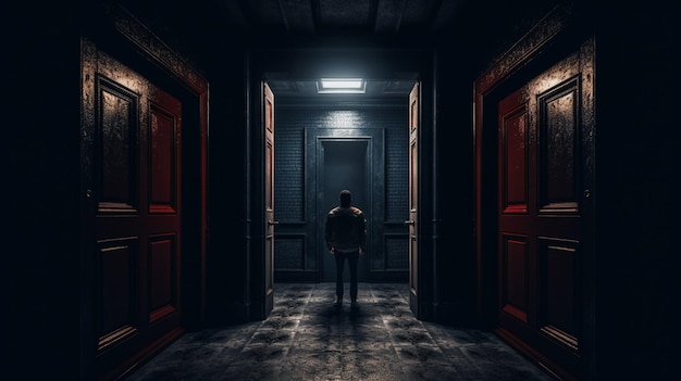 Un pasillo oscuro con una puerta y una persona de pie