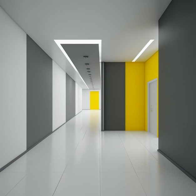 Un pasillo con una pared amarilla y una puerta blanca con una franja amarilla.