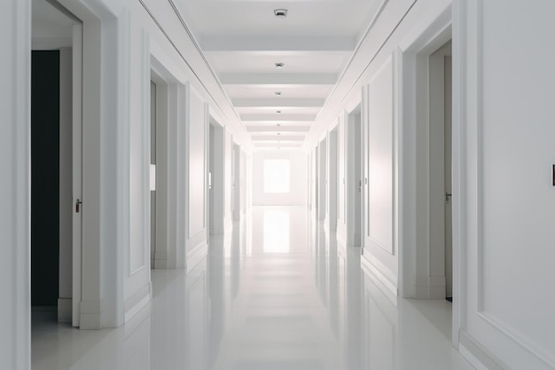 Un pasillo con paredes blancas y una luz en el techo.