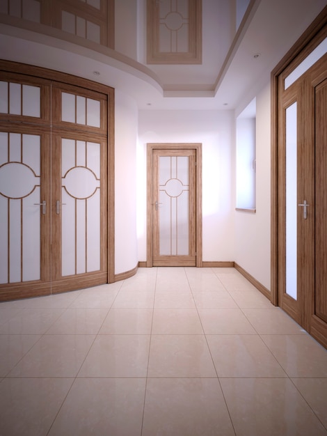 Pasillo Pasillo con puertas y paredes blancas de estilo clásico. Representación 3D.