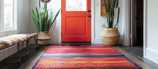 Foto pasillo con puerta roja y alfombra