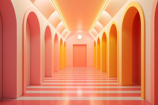 un pasillo con puertas arqueadas y rayas rojas y amarillas