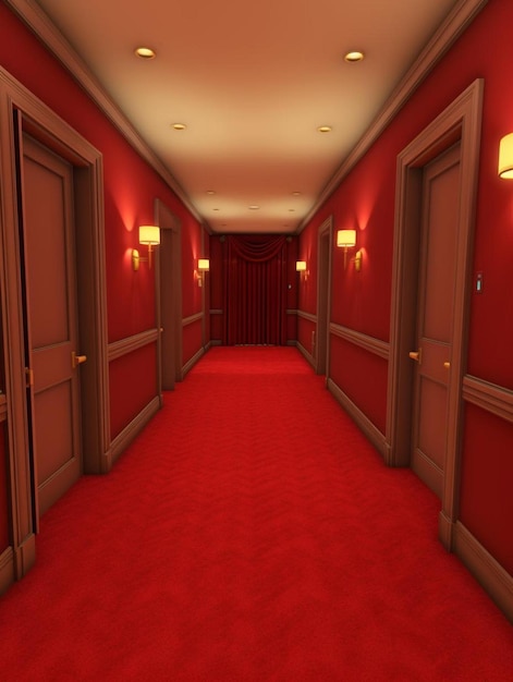 un pasillo rojo con una alfombra roja y una puerta roja