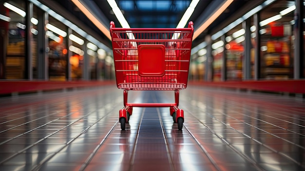 Pasillo de supermercado con carrito de compras rojo vacío Pasillo de Supermercado con Carrito de compras Rojo vacío